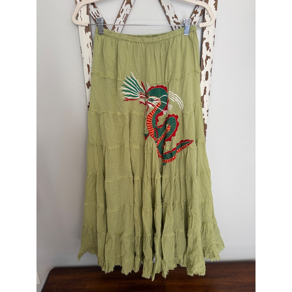 100%‎ cotton green maxi shirt gauze embroidered dragon festival One Size